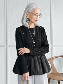 FRIFUL Women's Early Autumn New Korean Style Beaded Decor Ruffle Hem Pleated T-Shirt Long Sleeve Tops - Black - View 7