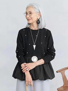 FRIFUL Women's Early Autumn New Korean Style Beaded Decor Ruffle Hem Pleated T-Shirt Long Sleeve Tops - Black - View 1
