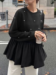 FRIFUL Women's Early Autumn New Korean Style Beaded Decor Ruffle Hem Pleated T-Shirt Long Sleeve Tops - Black - View 8