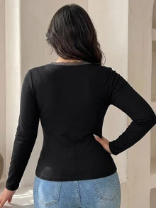 Dazy Plus Solid Color Square Neck Contrast Lace Fitted Minimalist Sexy Long Sleeve Black Spring Autumn T-Shirt - Black - View 2