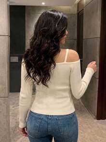 Dazy Plus Plus Size Solid Color Casual Fitted Open Shoulder Elegant Spring/Autumn Fun Commute Pullover Sweater - Apricot - View 4