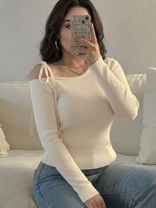 Dazy Plus Plus Size Solid Color Casual Fitted Open Shoulder Elegant Spring/Autumn Fun Commute Pullover Sweater - Apricot - View 5