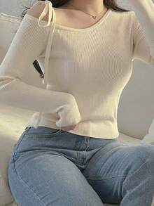 Dazy Plus Plus Size Solid Color Casual Fitted Open Shoulder Elegant Spring/Autumn Fun Commute Pullover Sweater - Apricot - View 3