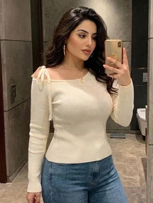 Dazy Plus Plus Size Solid Color Casual Fitted Open Shoulder Elegant Spring/Autumn Fun Commute Pullover Sweater - Apricot - View 2