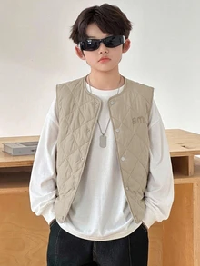 DAZY Tween Boy Letter Print Single-Breasted Casual Vest Winter Coat Fall - Khaki - View 4