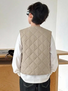 DAZY Tween Boy Letter Print Single-Breasted Casual Vest Winter Coat Fall - Khaki - View 2