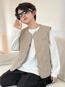 DAZY Tween Boy Letter Print Single-Breasted Casual Vest Winter Coat Fall - Khaki - View 5