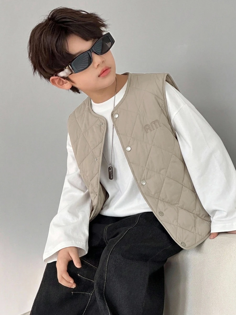 DAZY Tween Boy Letter Print Single-Breasted Casual Vest Winter Coat Fall - Khaki - View 1