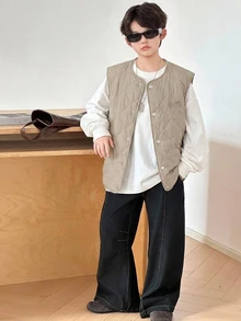 DAZY Tween Boy Letter Print Single-Breasted Casual Vest Winter Coat Fall - Khaki - View 6