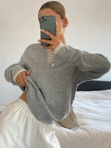 DAZY 女款拼色寬鬆長袖休閒度假正式優雅春秋針織毛衣 - 灰色 - 查看 4