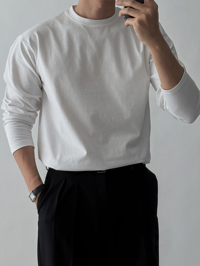 DAZY Spring/Autumn White Crew Neck Long Sleeve Commuter Men's T-Shirt