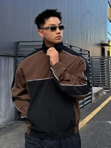 DAZY Spring/Autumn Long Sleeve Loose Brown & Black Colorblock Reflective Drawstring Decor Hem & Cuff Elastic Waist Men's Jacket & Coat - Multicolor - View 6