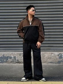 DAZY Spring/Autumn Long Sleeve Loose Brown & Black Colorblock Reflective Drawstring Decor Hem & Cuff Elastic Waist Men's Jacket & Coat - Multicolor - View 7