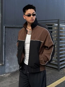 DAZY Spring/Autumn Long Sleeve Loose Brown & Black Colorblock Reflective Drawstring Decor Hem & Cuff Elastic Waist Men's Jacket & Coat - Multicolor - View 1