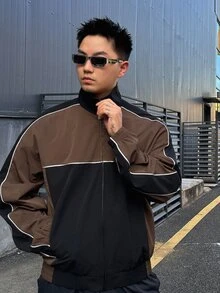 DAZY Spring/Autumn Long Sleeve Loose Brown & Black Colorblock Reflective Drawstring Decor Hem & Cuff Elastic Waist Men's Jacket & Coat - Multicolor - View 3