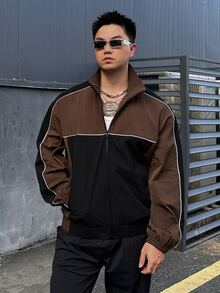 DAZY Spring/Autumn Long Sleeve Loose Brown & Black Colorblock Reflective Drawstring Decor Hem & Cuff Elastic Waist Men's Jacket & Coat - Multicolor - View 4