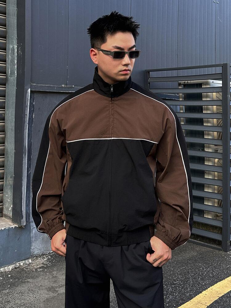 DAZY Spring/Autumn Long Sleeve Loose Brown & Black Colorblock Reflective Drawstring Decor Hem & Cuff Elastic Waist Men's Jacket & Coat - Multicolor - View 5