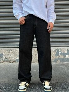 DAZY Spring/Autumn Regular Waist Black Original Color Straight Fit Long Cuffable Commuter Men's Jeans - Black - View 3