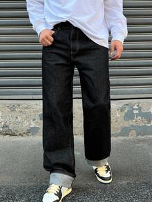 DAZY Spring/Autumn Regular Waist Black Original Color Straight Fit Long Cuffable Commuter Men's Jeans - Black - View 7
