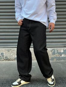 DAZY Spring/Autumn Regular Waist Black Original Color Straight Fit Long Cuffable Commuter Men's Jeans - Black - View 4