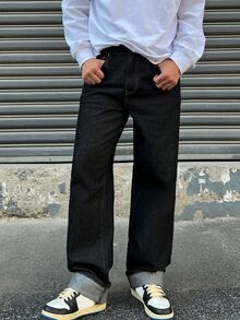 DAZY Spring/Autumn Regular Waist Black Original Color Straight Fit Long Cuffable Commuter Men's Jeans - Black - View 5