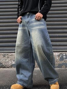DAZY Spring/Autumn Loose Fit Curved Leg Washed Distressed Cat Whisker Faded Men's Jeans - Blue - View 1