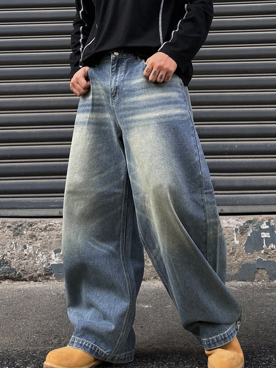 DAZY Spring/Autumn Loose Fit Curved Leg Washed Distressed Cat Whisker Faded Men's Jeans - Blue - View 1