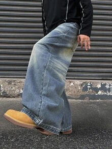 DAZY Spring/Autumn Loose Fit Curved Leg Washed Distressed Cat Whisker Faded Men's Jeans - Blue - View 3