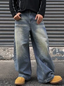 DAZY Spring/Autumn Loose Fit Curved Leg Washed Distressed Cat Whisker Faded Men's Jeans - Blue - View 7