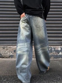 DAZY Spring/Autumn Loose Fit Curved Leg Washed Distressed Cat Whisker Faded Men's Jeans - Blue - View 2