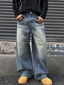 DAZY Spring/Autumn Loose Fit Curved Leg Washed Distressed Cat Whisker Faded Men's Jeans - Blue - View 4