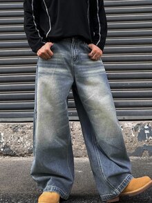 DAZY Spring/Autumn Loose Fit Curved Leg Washed Distressed Cat Whisker Faded Men's Jeans - Blue - View 6