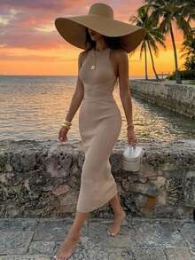 Dazy Tall Women's Fitted Elegant Long Vest Sweater Dress Fall - Khaki - View 4