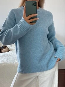 DAZY Sweater Rajut Wanita Warna Polos Longgar Leher Bulat Lengan Panjang Elegan Kasual untuk Liburan Musim Semi dan Gugur - Biru - View 6