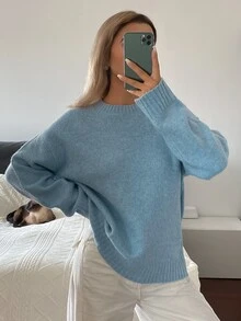 DAZY Sweater Rajut Wanita Warna Polos Longgar Leher Bulat Lengan Panjang Elegan Kasual untuk Liburan Musim Semi dan Gugur - Biru - View 3