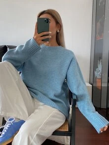 DAZY Sweater Rajut Wanita Warna Polos Longgar Leher Bulat Lengan Panjang Elegan Kasual untuk Liburan Musim Semi dan Gugur - Biru - View 5