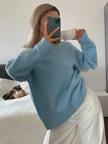 DAZY Sweater Rajut Wanita Warna Polos Longgar Leher Bulat Lengan Panjang Elegan Kasual untuk Liburan Musim Semi dan Gugur - Biru - View 4