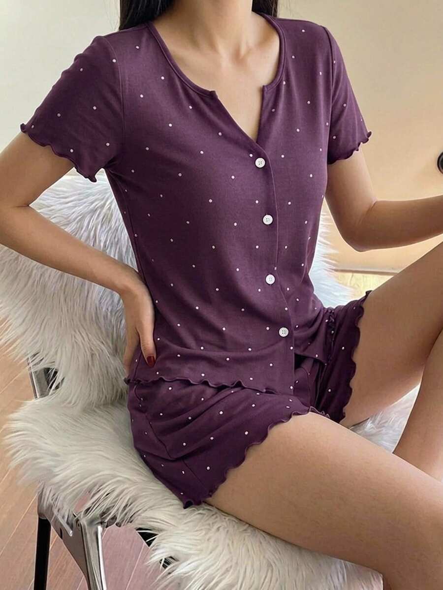 Livesso 2件組波點圖案短袖開襟衫與短款睡褲套裝,夏季女款睡衣套裝 - 紫色 - 查看 1