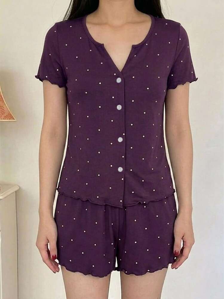 Livesso 2pcs Polka Dot Pattern Short Sleeve Cardigan & Short Pajama Pants Set, Summer Women's Sleepwear Outfit - Purple - View 4