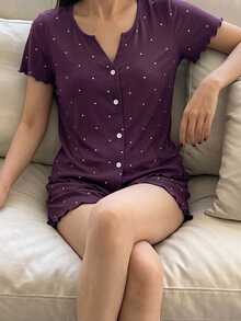 Livesso 2件組波點圖案短袖開襟衫與短款睡褲套裝，夏季女款睡衣套裝 - 紫色 - 查看 6