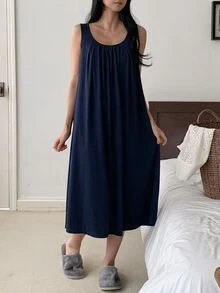 DAZY Women's Summer Minimalist Solid Color Knit Loungewear Dress, Suitable For Outdoor Wear - Navy Blue - View 5