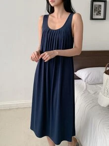 DAZY Women's Summer Minimalist Solid Color Knit Loungewear Dress, Suitable For Outdoor Wear - Navy Blue - View 4