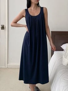 DAZY Women's Summer Minimalist Solid Color Knit Loungewear Dress, Suitable For Outdoor Wear - Navy Blue - View 6