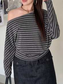 Dazy Plus Adjustable Asymmetric Neckline Loose Fit Casual Sexy Girl Long Sleeve Spring Autumn T-Shirt - Dark Grey - View 6