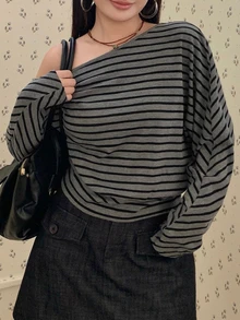 Dazy Plus Adjustable Asymmetric Neckline Loose Fit Casual Sexy Girl Long Sleeve Spring Autumn T-Shirt - Dark Grey - View 3
