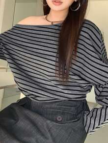 Dazy Plus Adjustable Asymmetric Neckline Loose Fit Casual Sexy Girl Long Sleeve Spring Autumn T-Shirt - Dark Grey - View 7