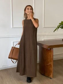 DAZY Solid Color Loose Sleeveless Tank Dress Corduroy Tie Back Open Back Casual Vacation Layerable Spring Autumn Women Long Dress - Brown - View 5