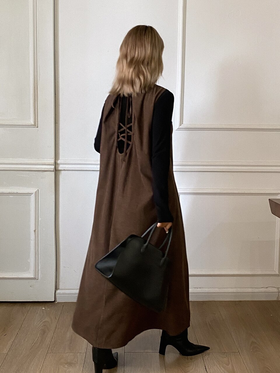 Solid Color Loose Sleeveless Tank Dress Corduroy Tie Back Open Back Casual Vacation Layerable Spring Autumn Women Long Dress