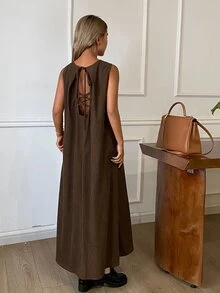 DAZY Solid Color Loose Sleeveless Tank Dress Corduroy Tie Back Open Back Casual Vacation Layerable Spring Autumn Women Long Dress - Brown - View 6