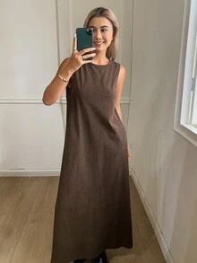 DAZY Solid Color Loose Sleeveless Tank Dress Corduroy Tie Back Open Back Casual Vacation Layerable Spring Autumn Women Long Dress - Brown - View 1